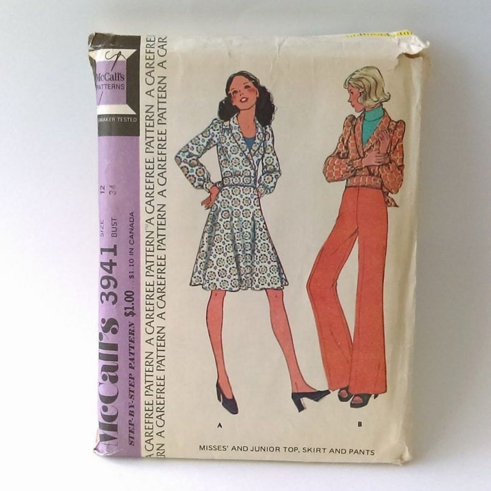 Vintage Pattern McCall's 3941 70s Top, Skirt Pants Size 12 Bust 34 1974
